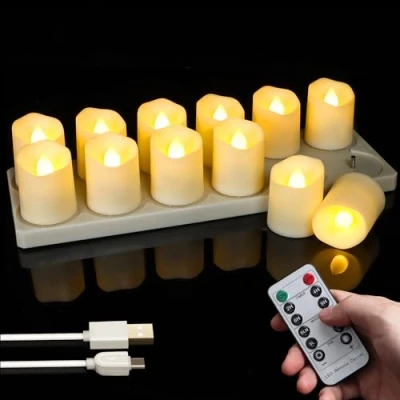 Immagine di FREEPOWER 12 lumini a LED ricaricabili con stazione di ricarica, cavo USB e telecomando Funzione timer, tremolante bianco caldo, Ø 4 x 4,5 cm