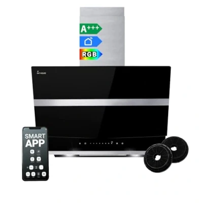 Immagine di Cappa aspirante 60 cm Cucina Inclinata acciaio inossidabile vetro nero WiFi auto spegnimento Illuminazione LED RGBW Operazione di tocco HERMES6005SM