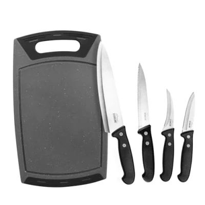 Immagine di STONELINE Set da 5 pezzi di tagliere 36 x 22 cm e 4 coltelli in acciaio inox, base taglio con scanalatura antiscivolo, infrangibile, lavabile lavastoviglie, coltello multiuso cucina
