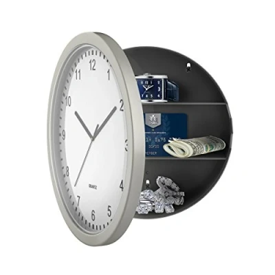 Immagine di Stalwart 82 5894 Orologio analogico da parete a 10 scomparti nascosti, funzionamento batteria, con scomparto interno segreto per gioielli, contanti, oggetti di valore, argento