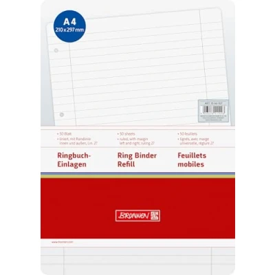 Immagine di Brunnen 50 fogli per raccoglitore ad anelli, formato A4, 70 g/mq, a righe, 4 fori, bianco