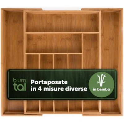 Immagine di Blumtal portaposate da cassetto di bambù porta posate cucina regolabile 7 a 9 scomparti organizzatore cassetti organizer grande