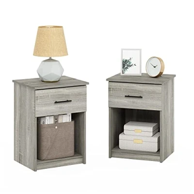 Immagine di Furinno Tidur Comodino con Maniglia Un Cassetto, Legno ingegnerizzato, Rovere Francese Grigio, Set di 2