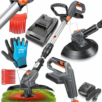 Immagine di Masko® Tagliaerba a Batteria con Li da 20 V, 2,0 Ah e Caricabatterie tagliabordi decespugliatore Circonferenza di Taglio 26 cm, Angolo 180Ḟ, Grigio