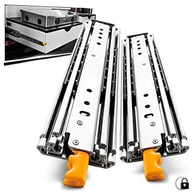 Immagine di AOLISHENG Guide per cassetti resistenti con serratura, estensione completa, capacità di carico 220 kg, cuscinetto a sfera, blocco industriale, cassetti, montaggio laterale, 1 paio (con