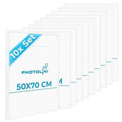 Immagine di PHOTOLINI cornici 50x70 cm bianco legno MDF, set di 10 per poster, plexiglass infrangibile, da parete, accessori extra inclusi foto, immagini e poster