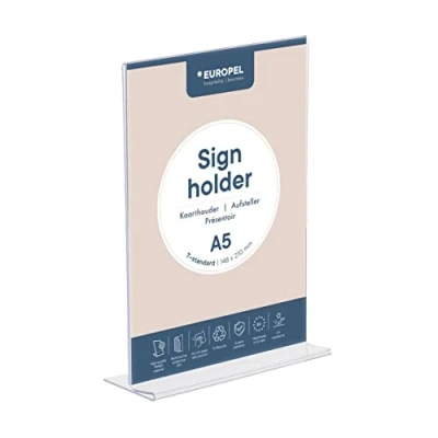 Immagine di EUROPEL Porta cartelli (standard T, formato A5, verticale) Struttura in acrilico trasparente Espositore per poster, menù e volantini con base Design autoportante