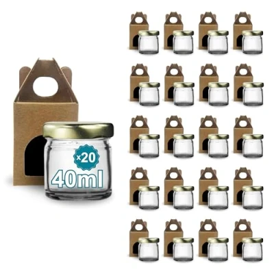 Immagine di Espirito Rebelde 20 barattoli vuoti in vetro con coperchio da 40 ml di cartone per 1 barattolo marmellata, a vite dorato, marmellate, conserve, miele