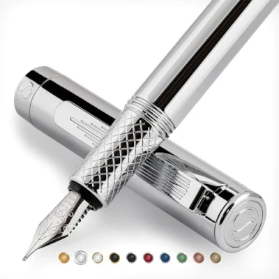 Immagine di Scriveiner stilografica (Fine) di lusso, penna tascabile pesante con finitura cromata, pennino tedesco, convertitore, set regalo per uomini e donne, design ufficio.