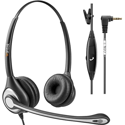 Immagine di Wantek Cuffie 2,5 mm Dual con Microfono a Cancellazione del Rumore e Controllo Volume, Auricolare Call Center per Gigaset Panasonic Telefono Fisso Cordless DECT(F602J25)