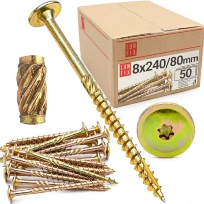 Immagine di Lun Fix viti a testa piatta, 8 x 240 mm, 50 pezzi, TX40, piatta/nervature per fresatura, zincate, Torx, legno, piatta da costruzione
