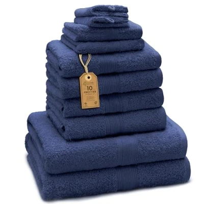 Immagine di GREEN MARK Confezione da 10 asciugamani in spugna di varie misure, 4 per le mani, 2 teli doccia, ospiti, guanti bagno, colore navy blau &quot;