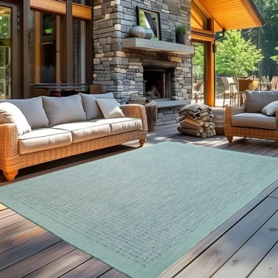 Immagine di Carpetsale24 Tappeto esterno resistente alle intemperie monocolore in tessuto piatto, da cucina per balcone, giardino, terrazza Blu 80 x 150 cm