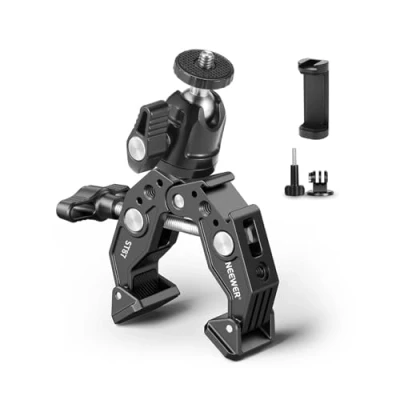 Immagine di NEEWER Super morsetto con testa a sfera, scarpa fredda, supporto per telefono e adattatore di montaggio action camera superficie piatta/rotonda compatibile GoPro DJI iPhone 15 Pro Max,