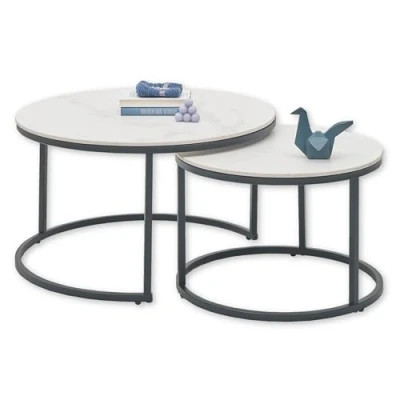 Immagine di Stella Trading Gino Set di 2 tavolini Rotondi Effetto Marmo, Colore Bianco, con Struttura in Metallo Nero, Ceramica, 80 x 42 cm