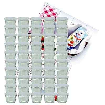Immagine di Set di 50 vasetti in vetro da 230 ml vetro, To 82, per conserve e marmellate frutta, con coperchio bianco quaderno ricette