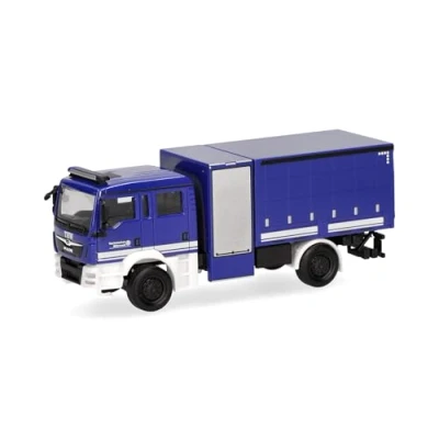 Immagine di herpa modellino camion MAN TGM veicolo multifunzione con telone THW, miniatura in scala 1:87, pezzo da collezione, prodotto Germania, plastica