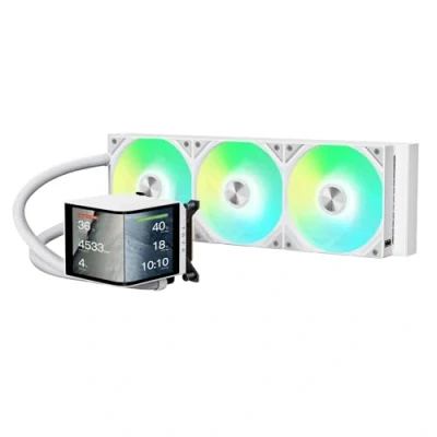 Immagine di TRYX Panorama 360 ARGB Bianco Dissipatore AIO a Liquido da 360 mm Schermo Curvo AMOLED 6,5&quot; con Effetto 3D Anamorfico TDP 320 W Ventole Magnetiche Compatibile CPU Intel e AMD