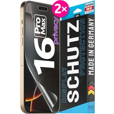 Immagine di Se® 2 pellicole protettive 3D Privacy per Apple iPhone 16 Pro Max, protezione privacy, 100% impronte digitali e compatibile con FaceID, facile installazione senza bolle, ultra trasparente,