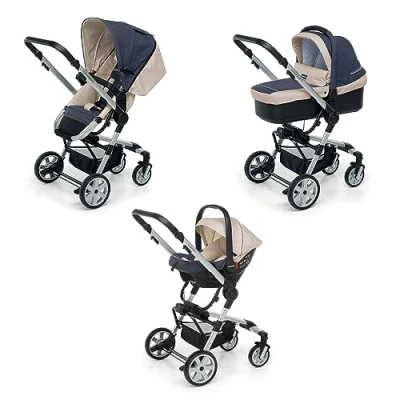 Immagine di Foppapedretti Trio Supertres I Size, Sistema Modulare Combinato per Bambini, Navicella Passeggino e Seggiolino auto Maniglione Poggiagambe Regolabili, conforme ECE R129, Denim Perla