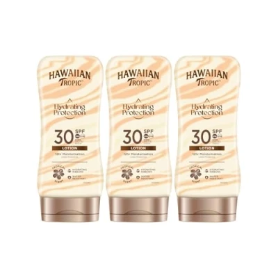 Immagine di Hawaiian Tropic Silk Hydration Protective Confezione 3 lozione solare protettiva SPF 30 con nastri di seta idratanti e impermeabili, formato 180 ml.