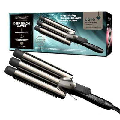 Immagine di REVAMP Deep Waver Piastra per capelli a tripla canna, canna professionale in ceramica infusa con oli Progloss una lucentezza migliorata, ferro arricciacapelli Mermaid Beach Wave