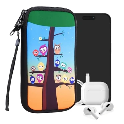 Immagine di kwmobile Custodia in neoprene con zip per smartphone XL 6,7/6,8&quot; Astuccio portacellulare a sacchetto cerniera Borsa verticale civette albero multicolore/blu/marrone
