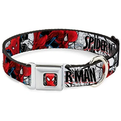 Immagine di Buckle Down Collare per Cani con Fibbia Cintura di Sicurezza Spider Man Action Poses Comic Scenes Bianco Nero Rosso da 38 a 66 cm Largo 2,5 cm, Multicolore (DC WSPD039 L)
