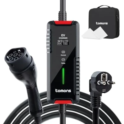Immagine di tomons Cavo di Ricarica Tipo 2 con Spina Schuko, 3,5 KW 16 A 6 M, Corrente Regolabile 6/8/10/13/16 A, Caricabatterie Portatile IP66 per Veicoli Elettrici e PHEV, Display