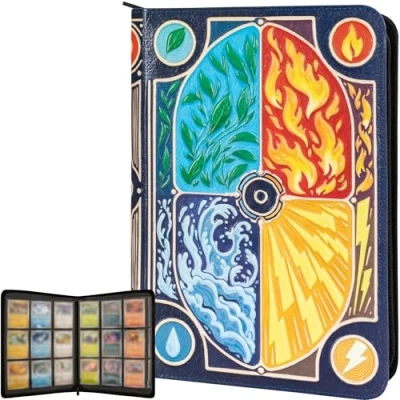 Immagine di Raccoglitore Carte 3D per Pokemon Design Elementare in Rilievo Pelle PU con Cerniera Album 9 Pasche 360 carte. Porta Contenitore/Card Binder