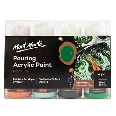 Immagine di Mont Marte Colori Acrilici Pouring Set Foresta Pluviale 4 pezzi x 60ml Pitture Acriliche premiscelate con Medium per Acrilico Corallo, Acquamarina Leggera, Verde Scuro, Lampade Nero
