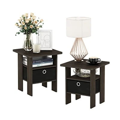 Immagine di Furinno Andrey tavolino comodino con cassetto portaoggetti, Marrone Scuro/Nero, Set di 2