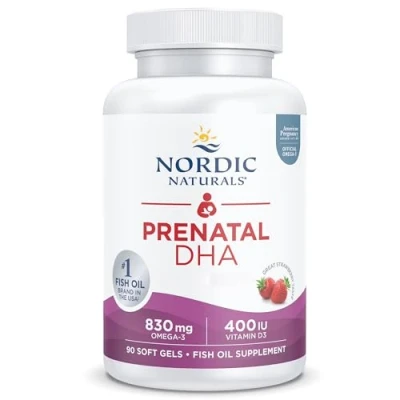 Immagine di Nordic Naturals, Prenatal DHA, 830 mg di Omega 3 con EPA e Altamente Dosato, Gusto Fragola, 90 Capsule molli, Testato in Laboratorio, Senza Soia, Glutine, Non OGM