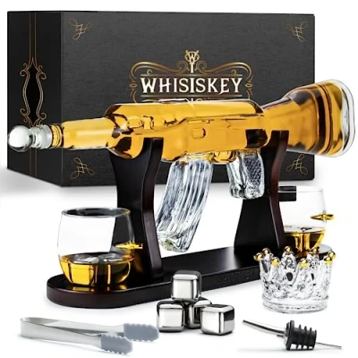 Immagine di WHISISKEY Decanter per Whisky Set Regalo Idee Uomo Compleanno 1000ML, Scatola Regalo, 2 Bicchieri da x 285ML, 4 Pietre di Whisky, Accessori