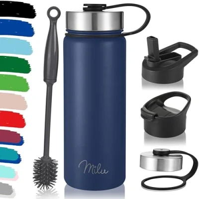 Immagine di Milu Borraccia in acciaio inox, con 3 coperchi, thermos cannuccia, bottiglia isolata termicamente, a prova di perdite, doppia parete, adatta per bevande gassate (Blu navy, 750 ml)