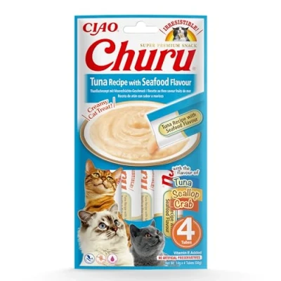 Immagine di INABA Churu Snack per Gatti Cremoso con Tonno al Gusto di Frutti Mare 1 Pack (4 Stick x 14gr) Cibo da Leccare, Sano e Delizioso Gatto Senza Conservanti o Coloranti Artificiali