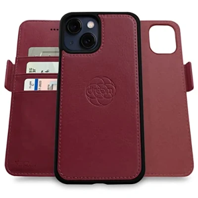 Immagine di dreem Fibonacci compatibile con iPhone 13 custodia a portafoglio/custodia antiurto 2 in 1 e folio pelle vegana staccabile, MagSafe, protezione RFID [Borgogna]