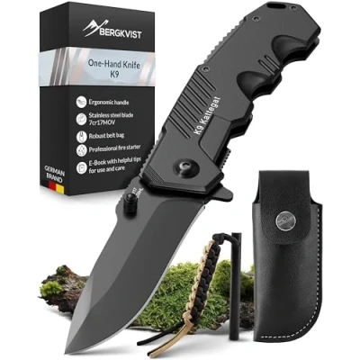 Immagine di BERGKVIST® K9 coltello pieghevole coltellino affilato per esterni e da sopravvivenza con lama in acciaio inossidabile nero, fuoco custodia cintura