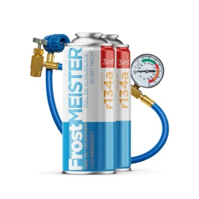 Immagine di FrostMEISTER 3 in 1 Set di ricarica per aria condizionata auto R134a (1995 2016) 2 barattoli da 400 ml e tubo con manometro Sostituzione refrigerante, olio sigillante Applicazione rapida