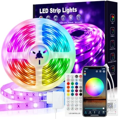 Immagine di VKH striscia LED 5 m, autoadesiva, Bluetooth RGB, con telecomando e app, catena luminosa a LED, illuminazione per camere, giochi feste