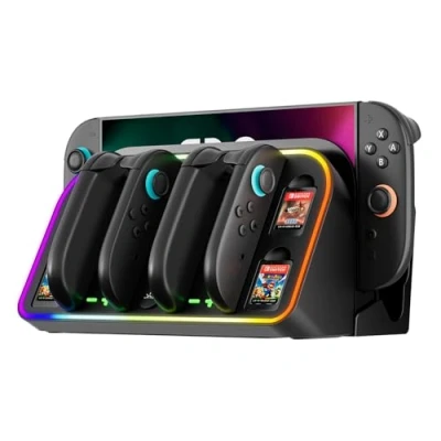 Immagine di MANKIW Stazione Ricarica per Nintendo Switch 2, Caricatore 4 in 1 2 Controller Joy Con LED Indicatori &amp; Luci RGB, Dock TV, da Parete