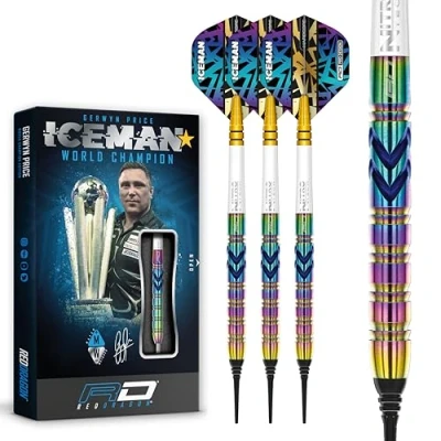 Immagine di RED DRAGON Gerwyn Iceman Price Ionic Set di Freccette in tungsteno Softip Premium da 18 Grammi con Alette e steli