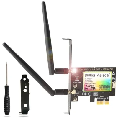 Immagine di Scheda WiFi 6E PCIe 5400Mbps con Bluetooth 5.3, Wi Fi AX210 Chipset, Aeisda Tri Bande (6GHz/5GHz/2.4GHz) di rete Wireless PCI Express Adattatore per PC Fisso Windows 10/11(64 bit)