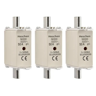 Immagine di Heschen NH Fuse Link NH000 50A gG, Indicatore Frontale, Rivelatore Combinato, Confezione da 3