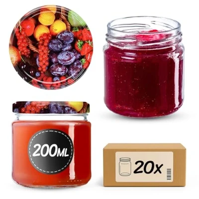 Immagine di KADAX Barattoli Ermetici di Vetro da 200 ml, Vassetti Piccoli con Coperchio a Vite per Conserve Frutta, Marmellate e Miele (Set 20, Frutta Colorata)