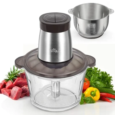 Immagine di Bear 2L+1.8L Tritatutto elettrico, 600W 2 impostazioni di velocità, con 4 lame in acciaio inox e tritacarne, contenitore vetro per carne, alimenti bambini, frutta, verdura