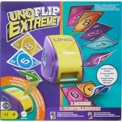 Immagine di Mattel Games UNO Flip Extreme, la Nuova Versione dell&#039;iconico Gioco di Carte Che combina e con Lancia Incluso, Giocattolo per Bambini, 7+ Anni, JCH61