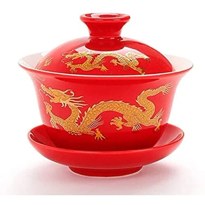 Immagine di YBK Tech, tazza da tè e piattino in porcellana Kung Fu con coperchio, tradizionale cinese Gaiwan Sancai, set motivo drago (leggermente più grande)