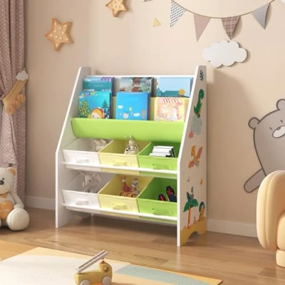 Immagine di [en.casa] Scaffale per Cameretta con Contenitori Morbidi Libri e 6 Cassetti Pieghevoli (AxLxP) 74 x 62 26,5 cm Mobile a Misura di Bimbi Decorazione Dinosauro Verde/Giallo