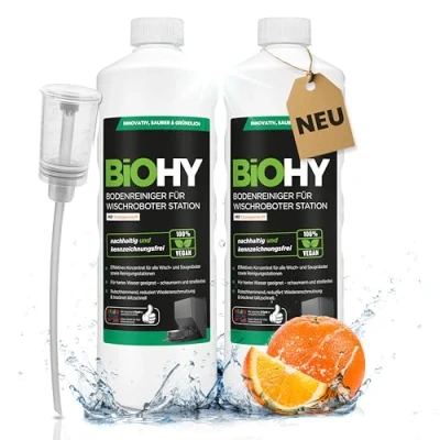 Immagine di BiOHY detergente per pavimenti robot, stazione con profumo arancione (2 x 1 litro) + dosatore, concentrato tutti i pulitori e robot aspirapolvere funzione bagnata, braccio di